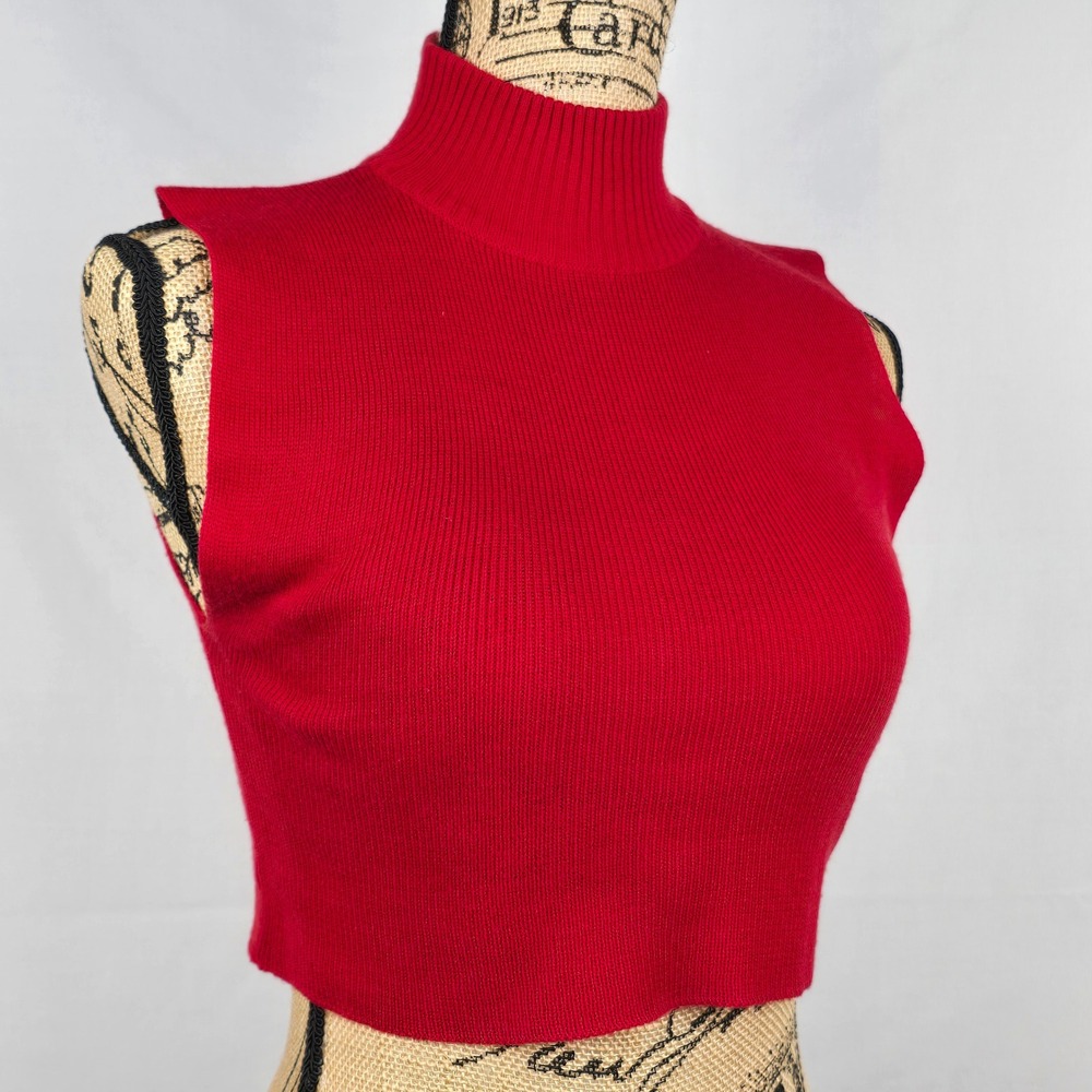 Bechamel Red‎ Mock Neck Sleeveless Knit Crop Top Back Zip Ribbed Size All